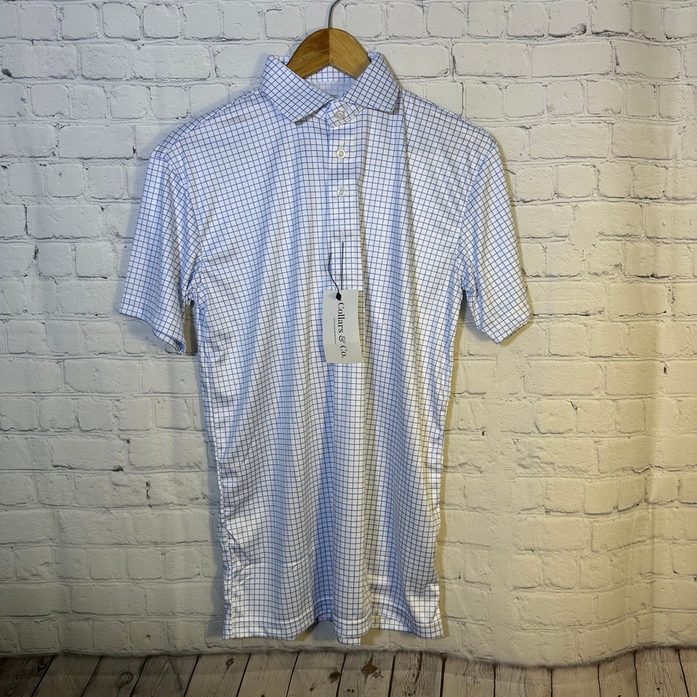 Collars & Co Mens Dress Collar Polo Shirt Blue White Windowpane Check Small NWT
